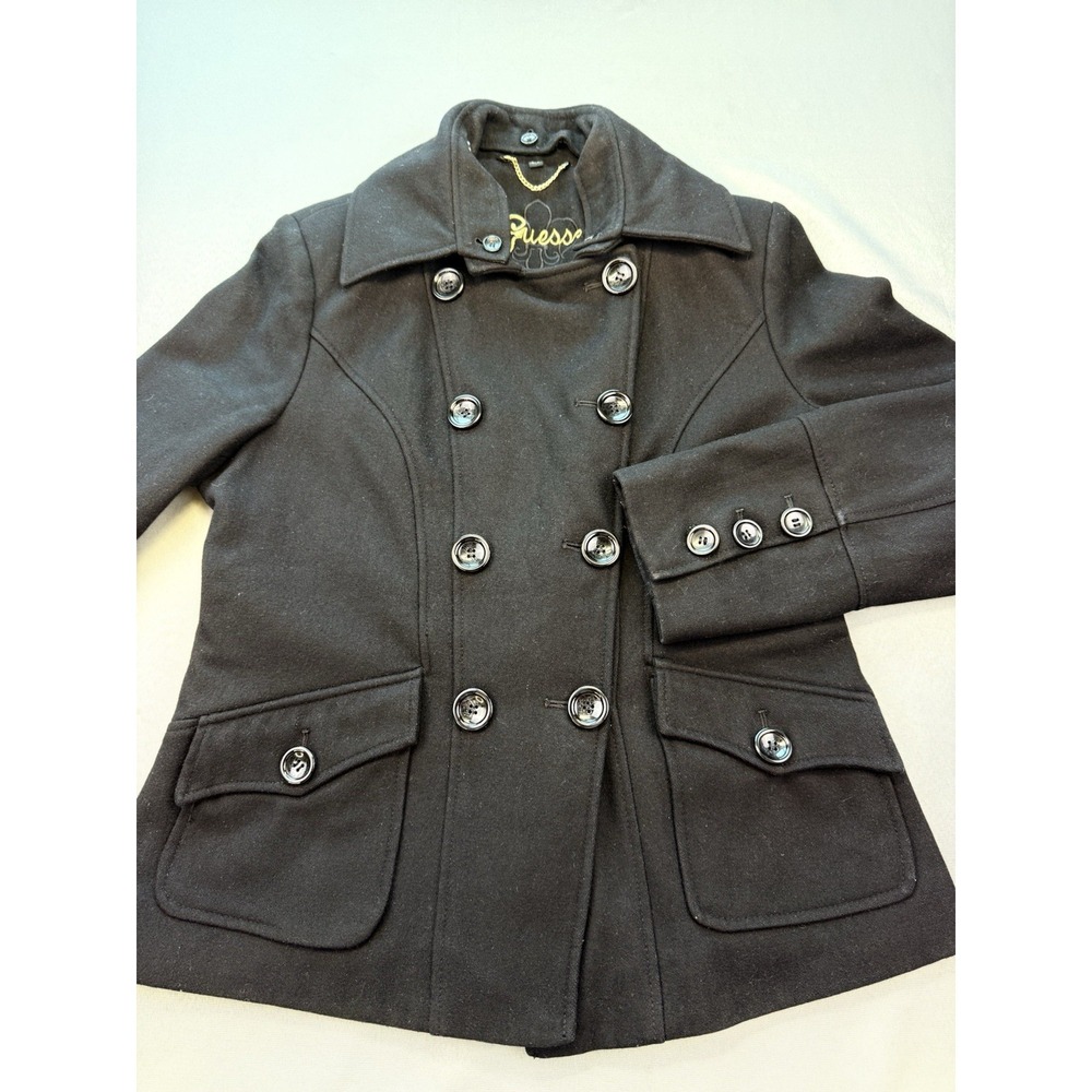 GUESS Womens Black Wool Blend Double Breasted Mid Length Winter Coat Jacket Sz L